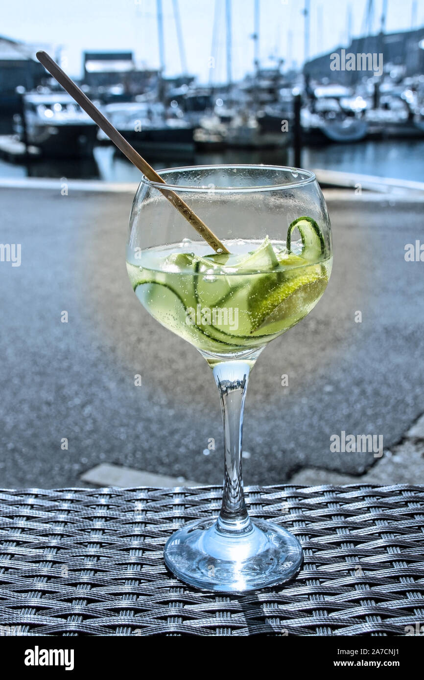 gin and tonic with lime and cucumber, at a harbourside restaurant on Plymouth’s Barbican with a