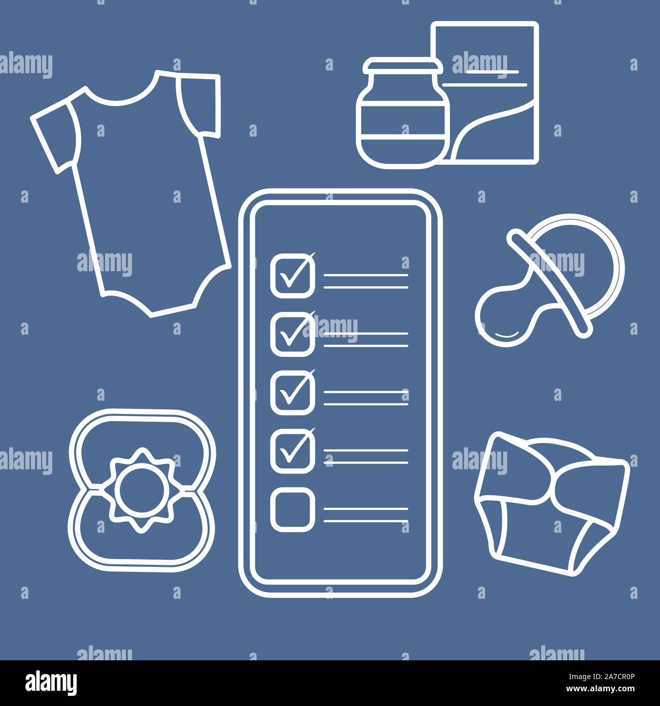 Vector illustration with smartphone with checklist, newborn baby