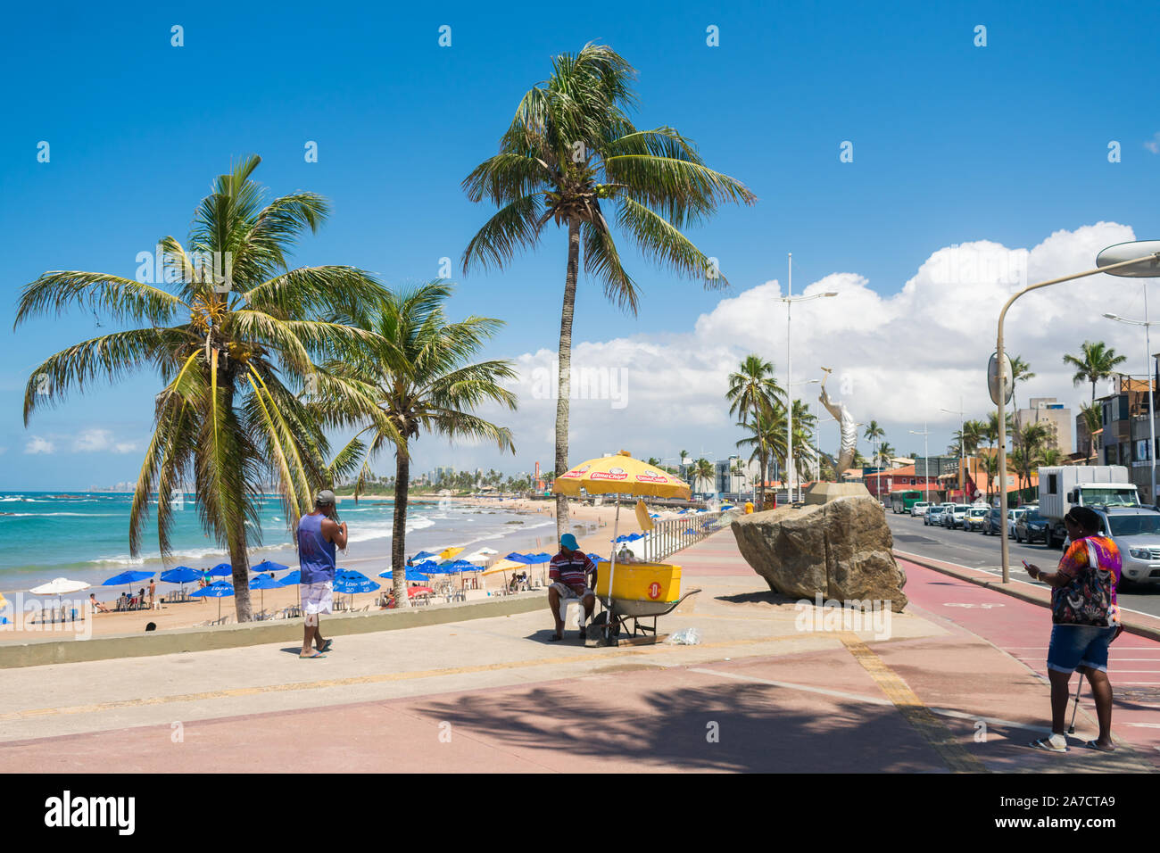 Salvador, Brazil - Circa September 2019: A view of the promenade by the beach in Itapua, famous neighborhood of Salvador, Bahia Stock Photo