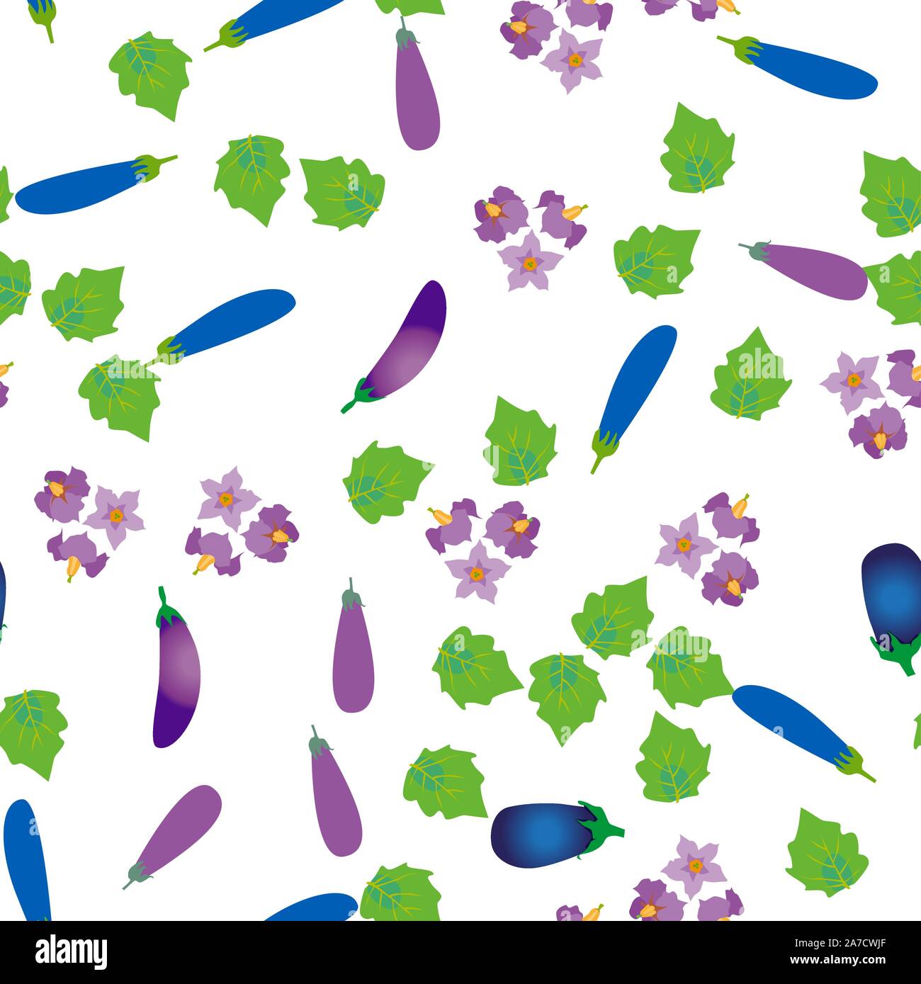 Seamless pattern vegetable eggplant with flowers and leaves Stock Vector