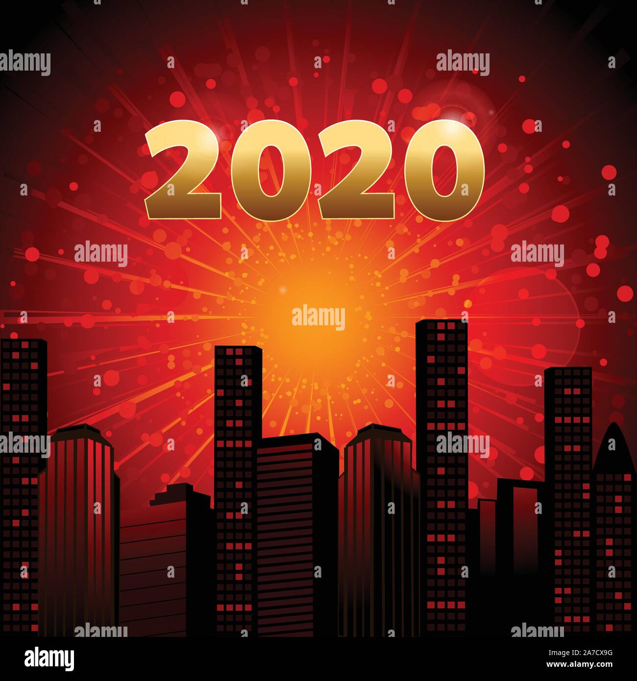 2020 Celebration Red And Yellow Background With Abstract Cityscape Date And Starburst Stock Vector