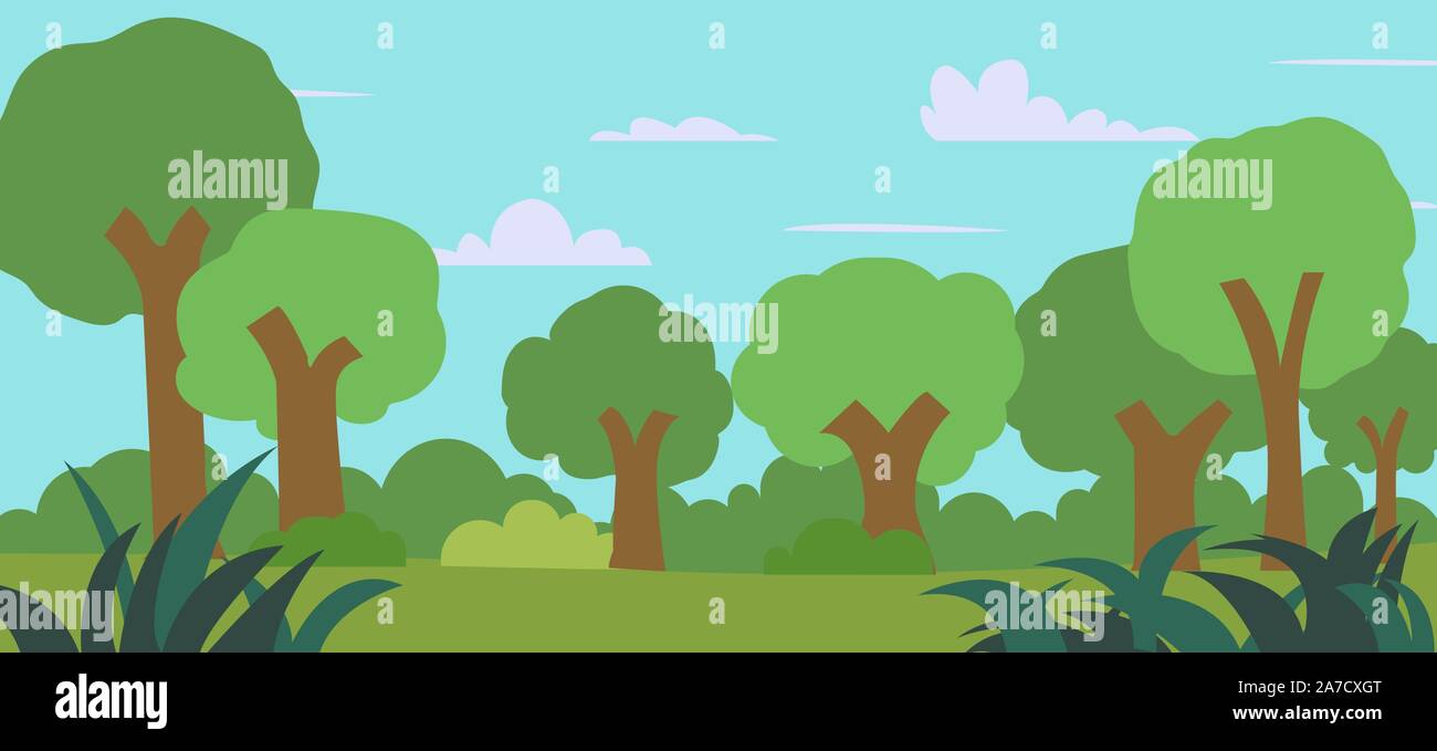 Cartoon forest vector  landscape with blue   view with  Field with trees and grass Stock Vector Image & Art  - Alamy