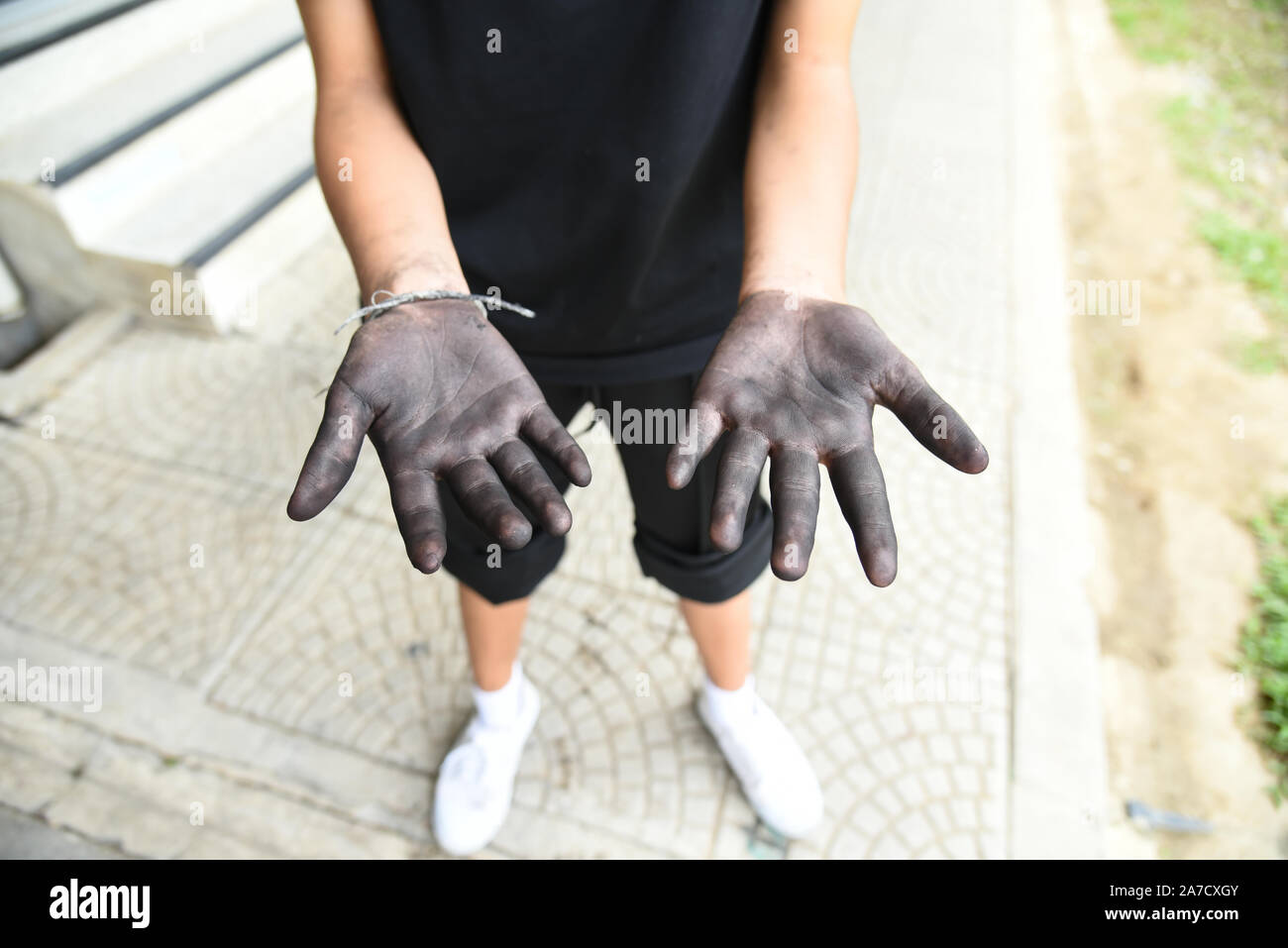dirty hand of children for working Stock Photo