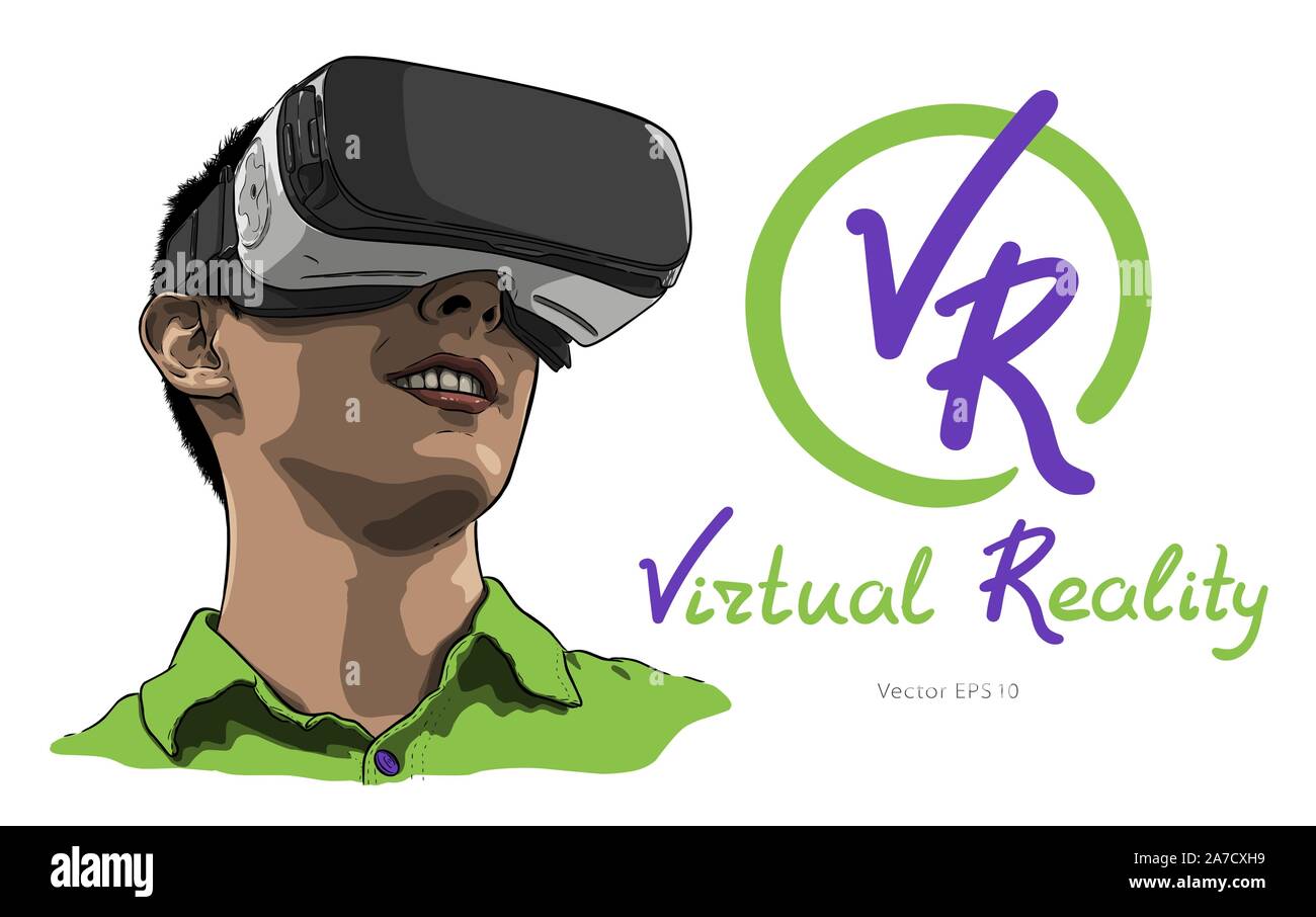 Man wearing virtual reality goggles. Hand drawn vector illustration, sketch Stock Vector