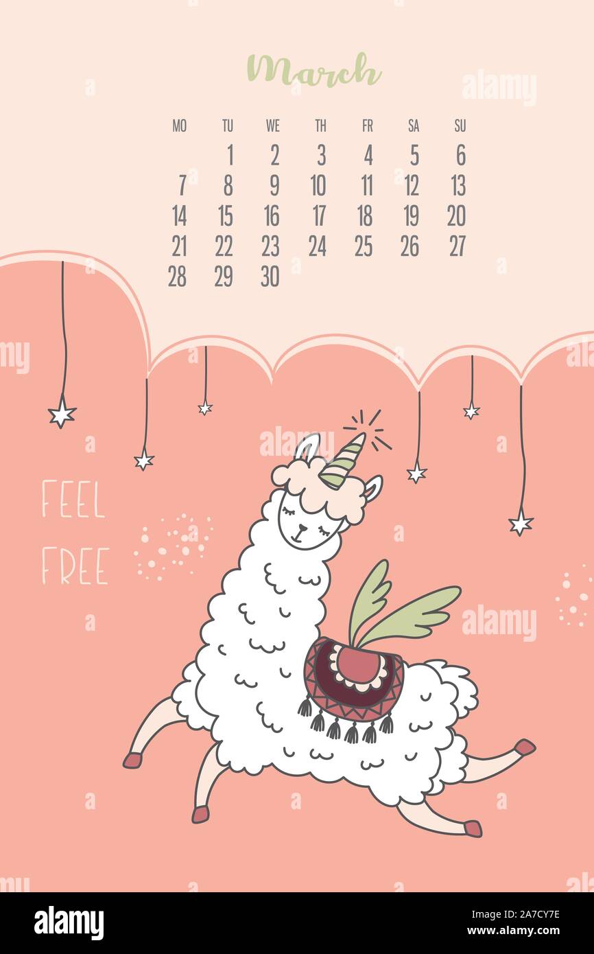 Calendar for March 2020 from Monday to Sunday. Cute llama with wings. Alpaca cartoon character. Funny animal. Vector illustration Stock Vector