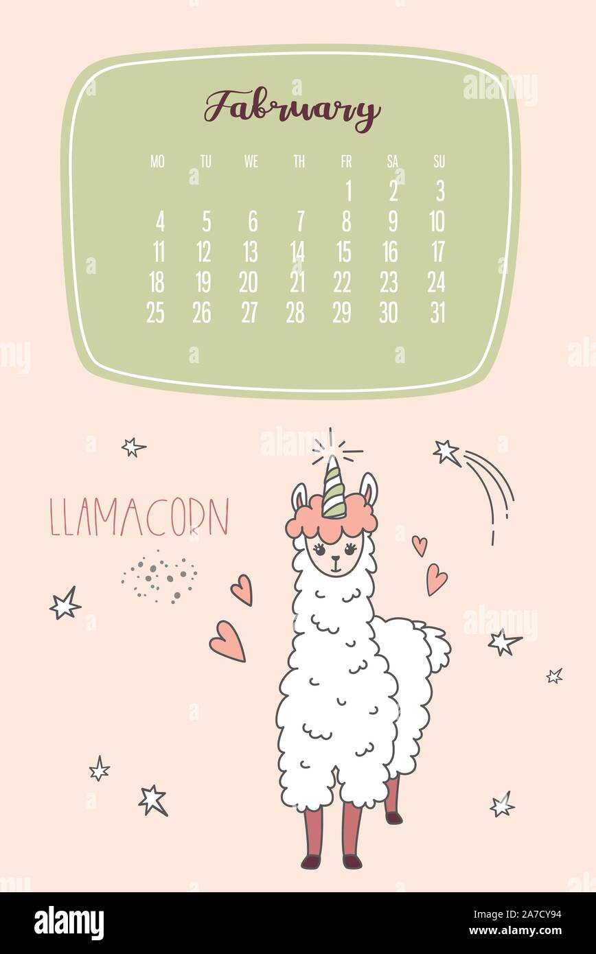 Calendar for February 2020 from Monday to Sunday. Cute llama like unicorn -llamacorn. Alpaca cartoon character. Funny animal. Vector illustration Stock Vector