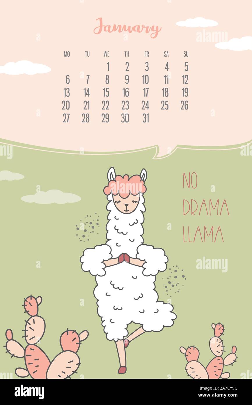 Calendar for January 2020 from Monday to Sunday. Cute llama standing in yoga pose. Alpaca cartoon character. Funny animal. Vector illustration Stock Vector