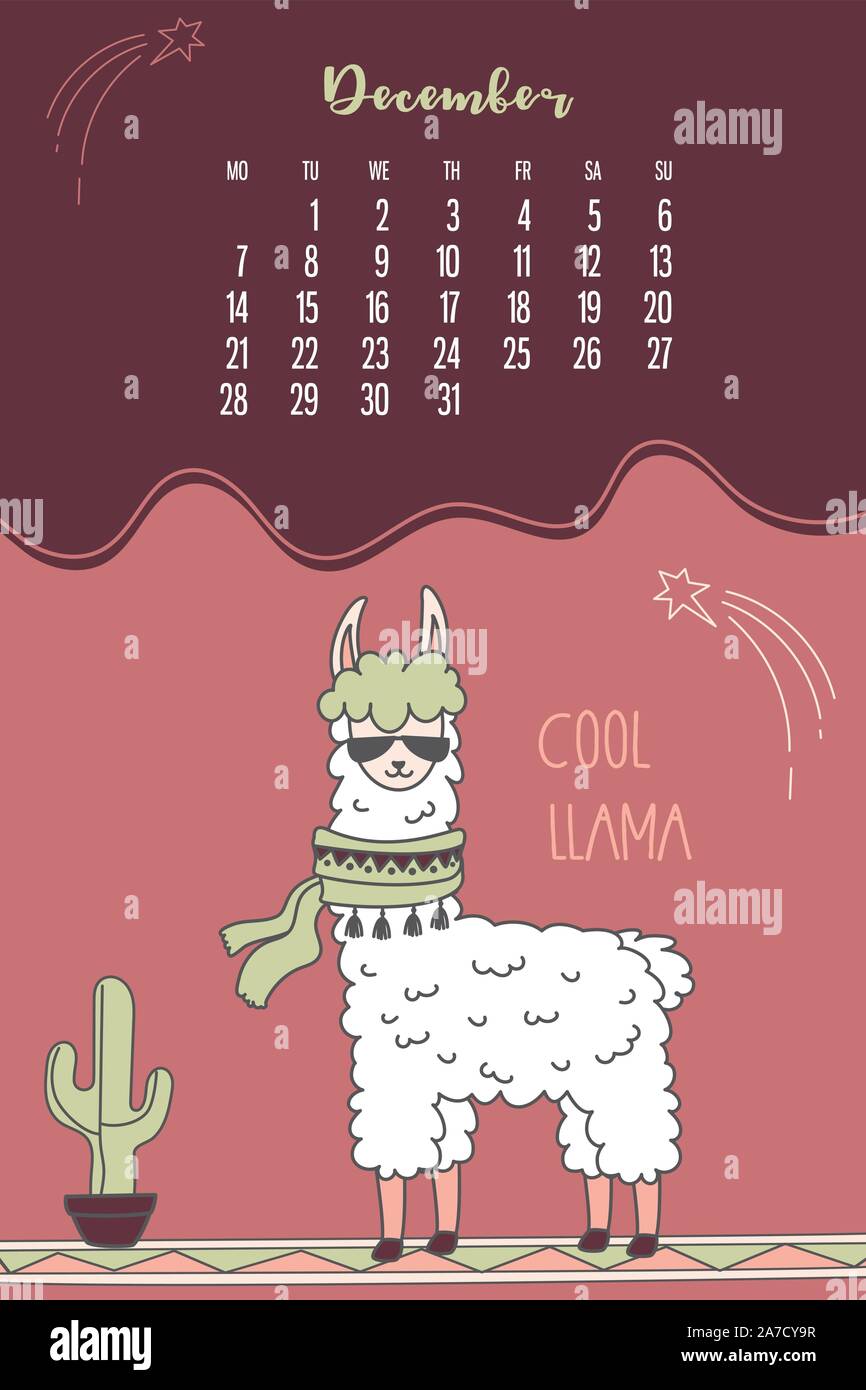 Calendar for December 2020 from Monday to Sunday. Cool llama with scarf and glasses standing near cactus. Alpaca cartoon character. Funny animal. Vect Stock Vector