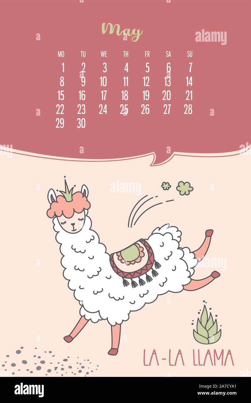 Calendar for May 2020 from Monday to Sunday. Cute llama in jump. Alpaca cartoon character. Funny animal. Vector illustration Stock Vector