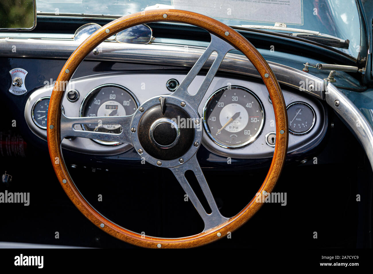 Steering wheel of an Austin Healey 3000 classic car Stock Photo Alamy