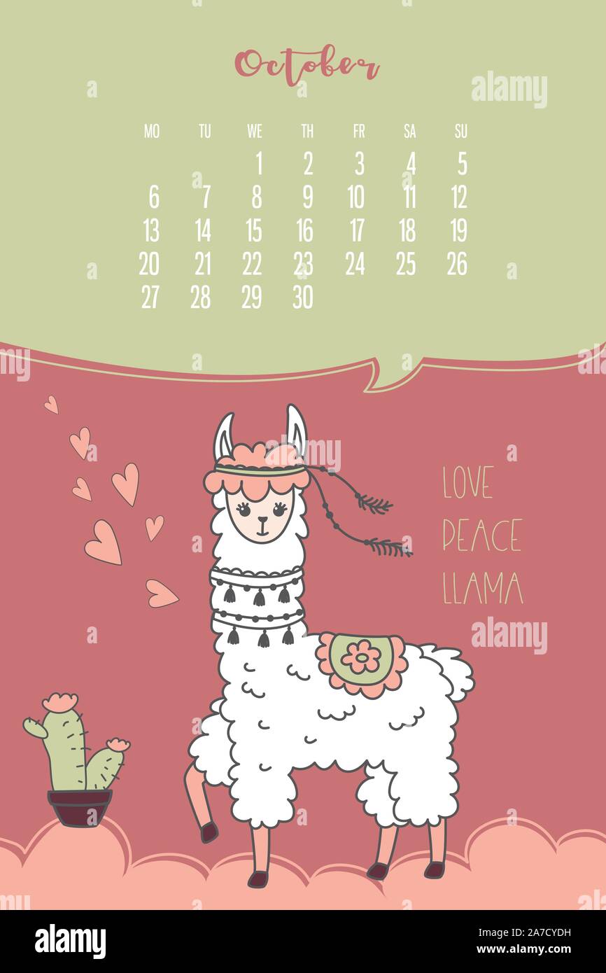 Calendar for October 2020 from Monday to Sunday. Cute llama like a hippie and standing near cactus. Alpaca cartoon character. Funny animal. Vector ill Stock Vector