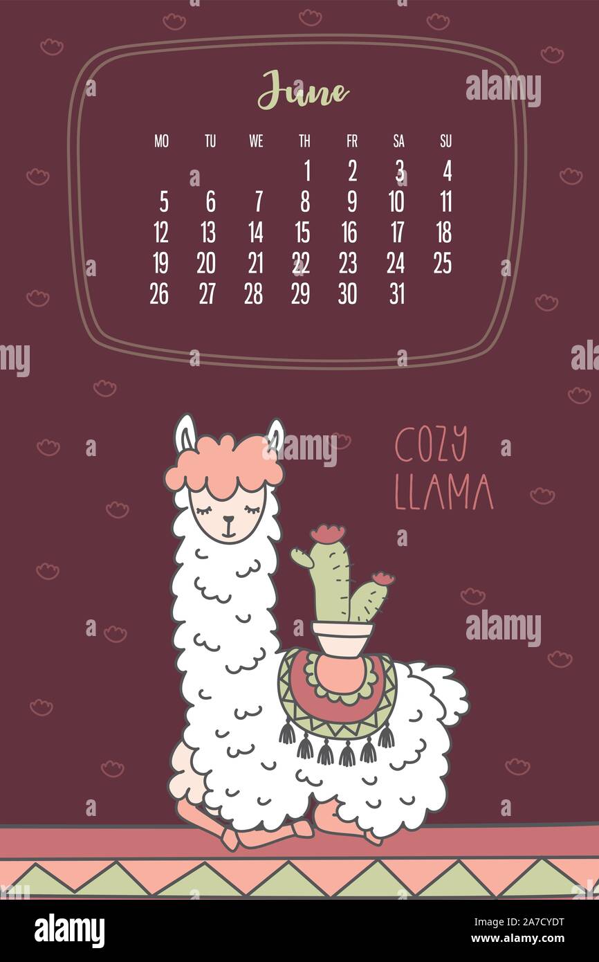 Calendar for June 2020 from Monday to Sunday. Cute llama sleeping with cactus. Alpaca cartoon character. Funny animal. Vector illustration Stock Vector