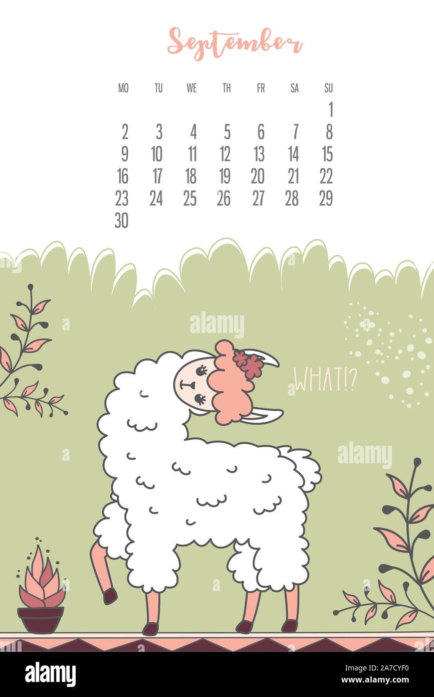 Calendar for September 2020 from Monday to Sunday. Cute llama. Alpaca cartoon character. Funny animal. Vector illustration Stock Vector