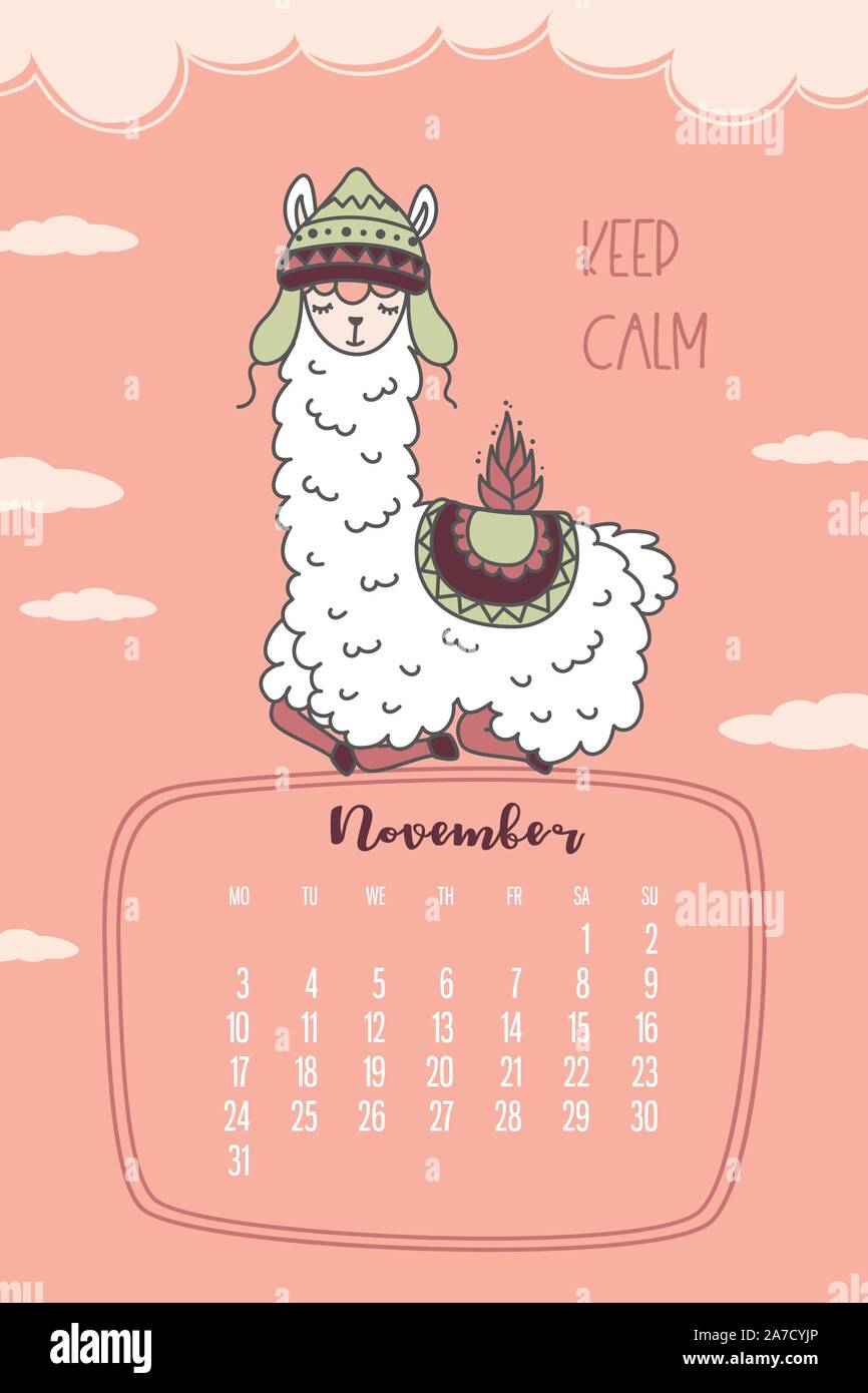 Calendar for November 2020 from Monday to Sunday. Cute llama and keep calm. Alpaca cartoon character. Funny animal. Vector illustration Stock Vector