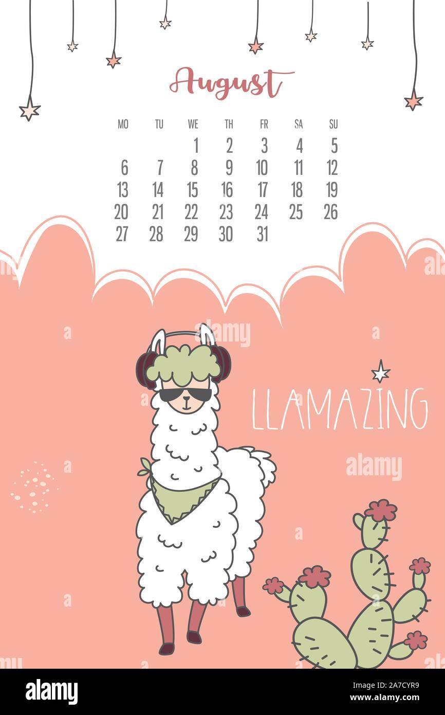 Calendar for August 2020 from Monday to Sunday. Fashion llama with glasses and headphones. Cute Alpaca cartoon character. Funny animal. Vector illustr Stock Vector