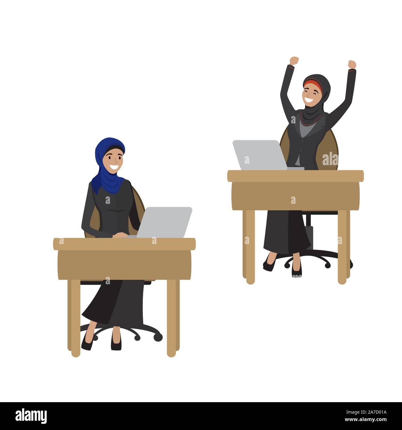 Arabic business women working at a laptop,isolated on white background,cartoon vector illustration Stock Vector