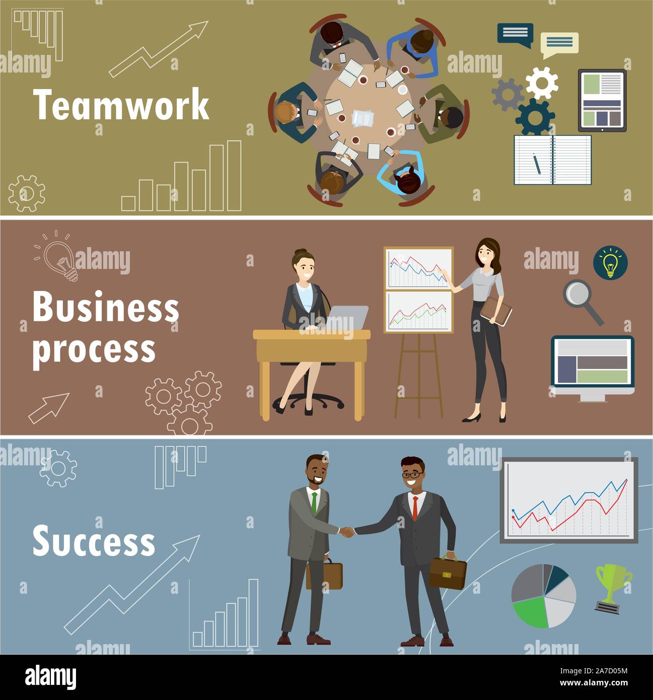 flat banner set with teamwork, business process and success, stock vector illustration. Stock Vector