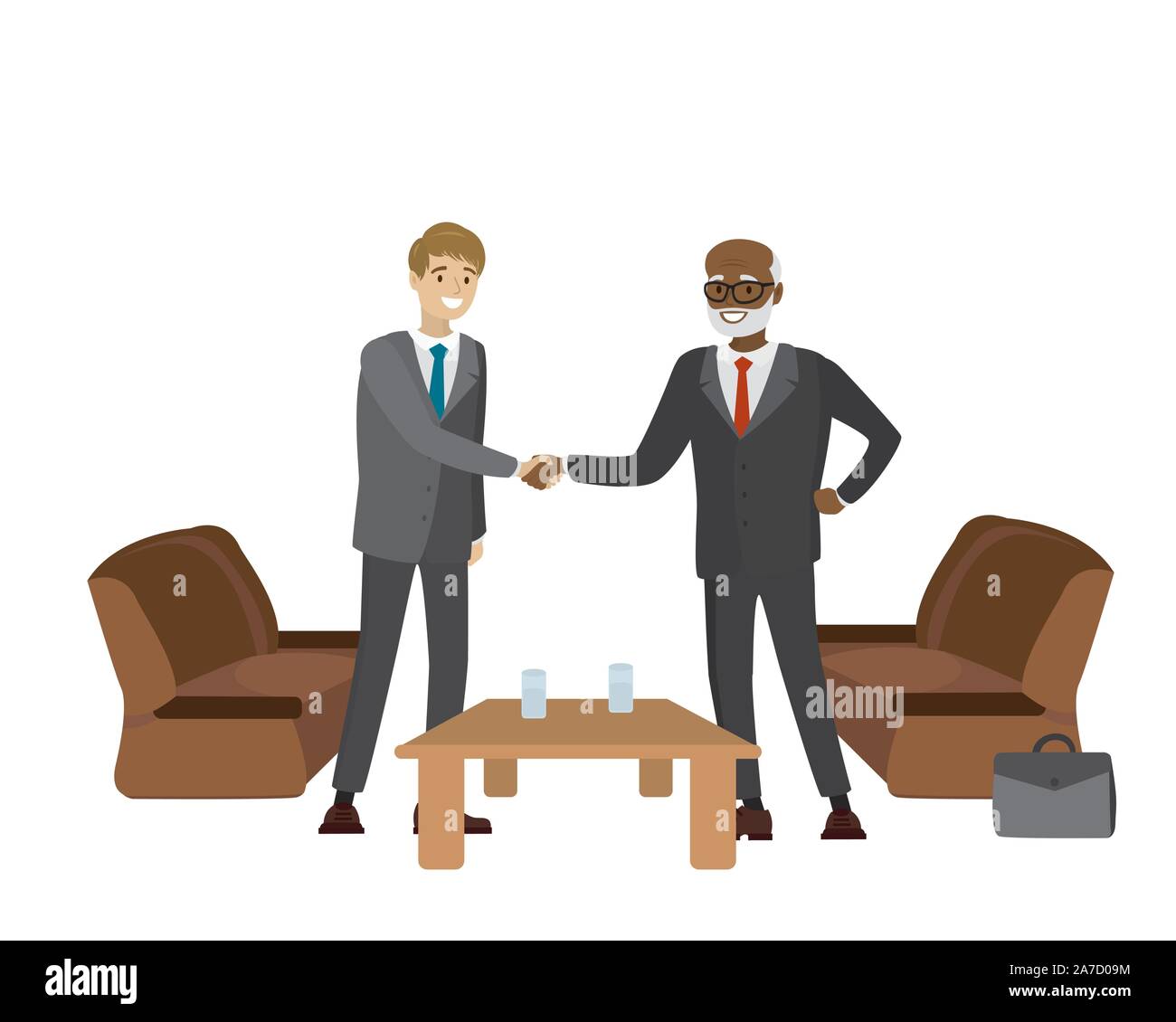Two businessmen different nationality shake hands ,isolated on white background,cartoon vector illustration Stock Vector