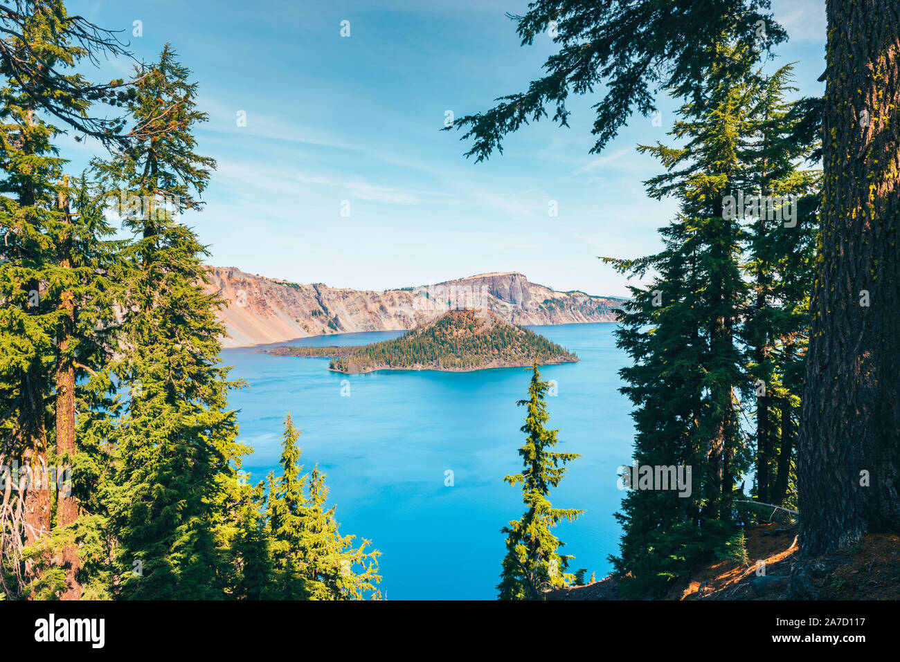 Crater Lake and Wizard Island in Oregon USA Stock Photo