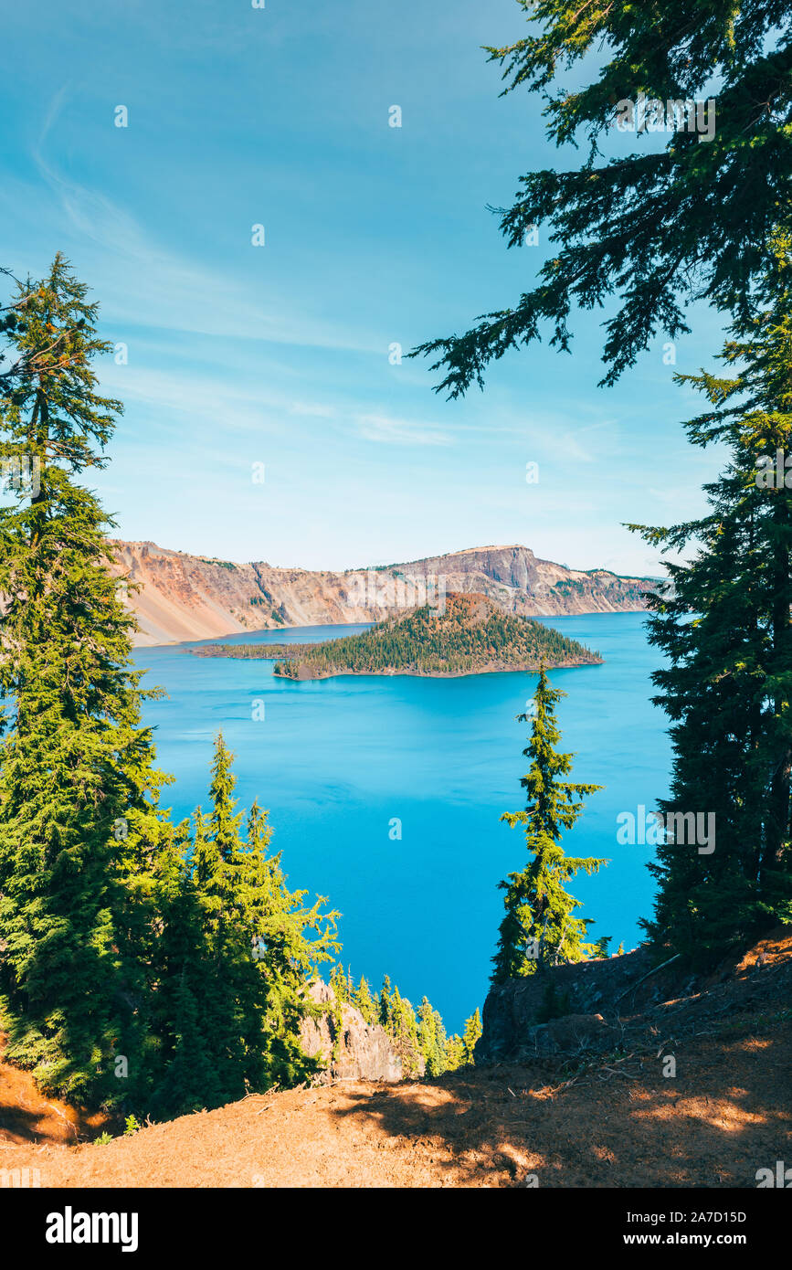 Vertical view on Crater Lake Oregon USA Stock Photo