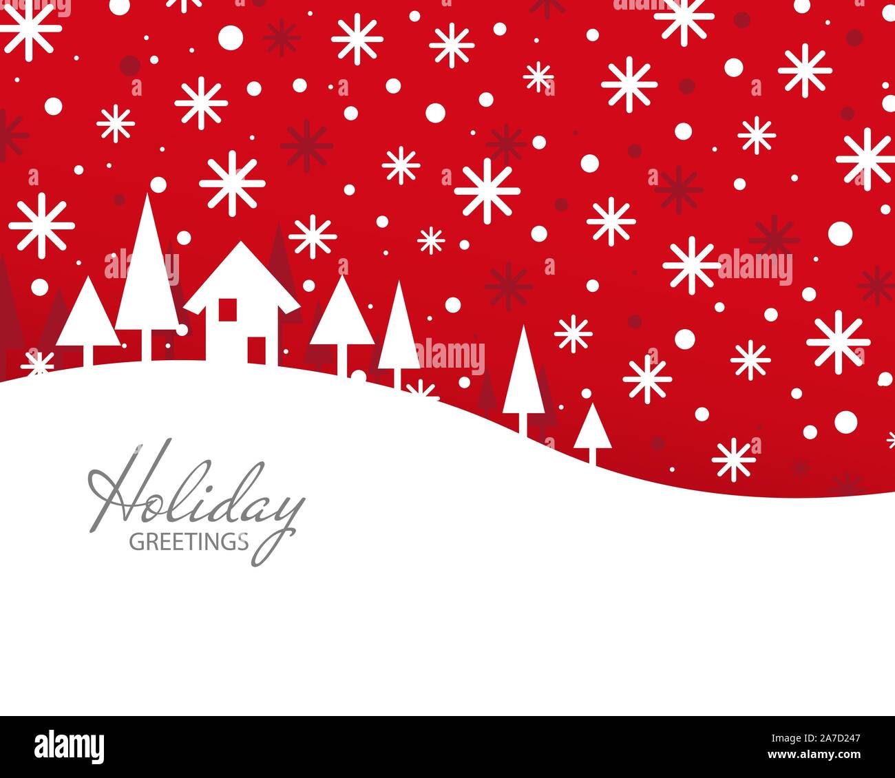 xmas holiday greetings. red Christmas and New Year card. Vector Illustration. Snow landscape background. Stock Vector