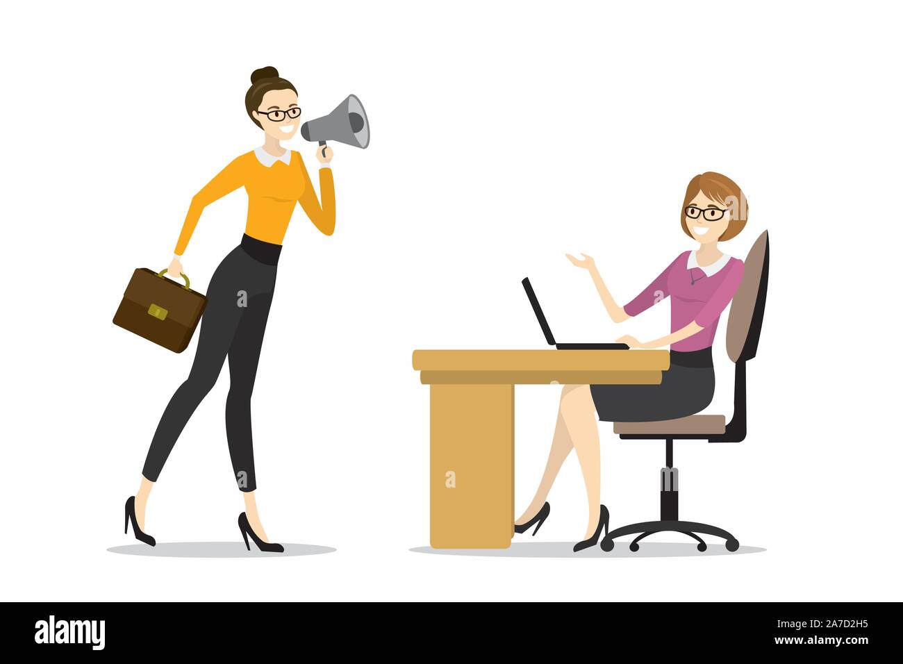 Business woman boss screams into a megaphone by tired office worker woman,Business stress.Isolated on white. Flat style cartoon vector illustration Stock Vector & Art - Alamy