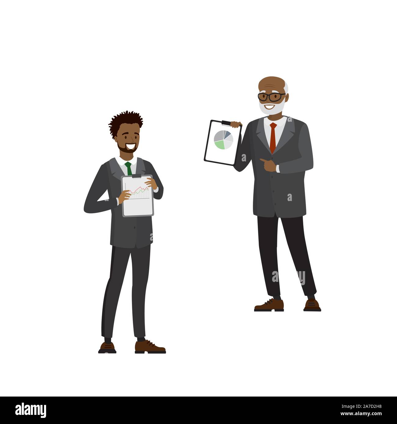 African-american businessman -old and young,presentation or business offer,isolated on white background,cartoon vector illustration Stock Vector