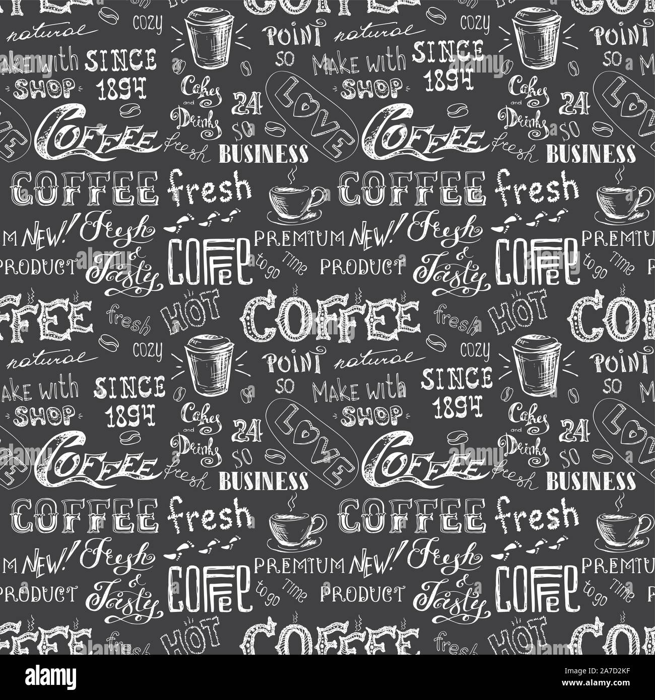 Coffee seamless pattern, hand drawn lettering and sign on black ...