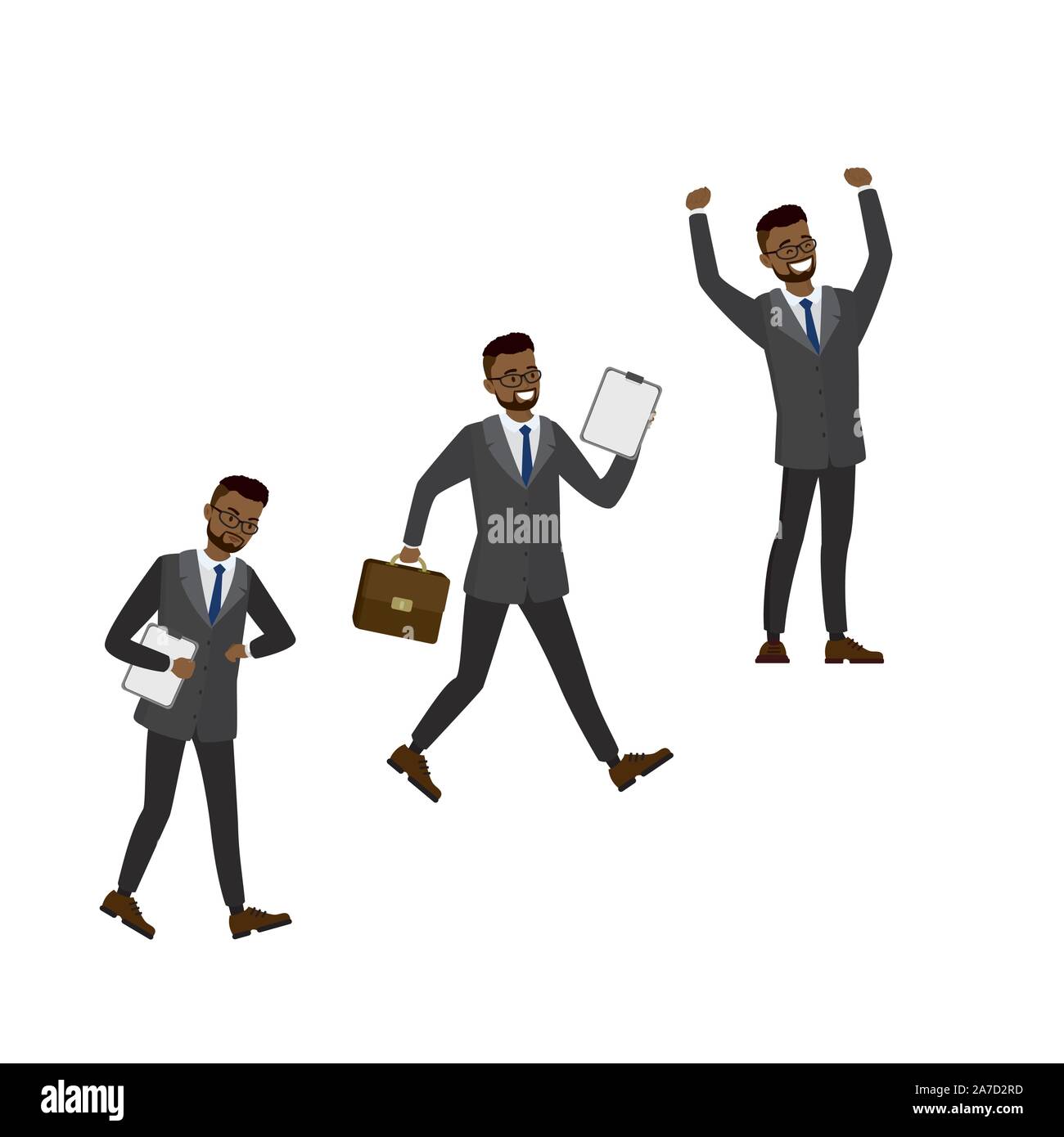 African-american businessman in different poses,isolated on white background,cartoon vector illustration Stock Vector