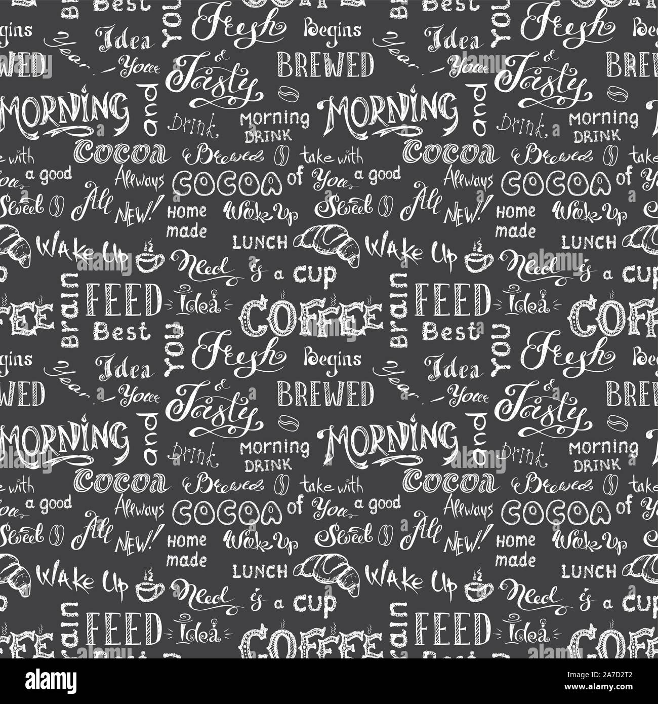 Coffee seamless pattern on dark background, hand drawn lettering and ...