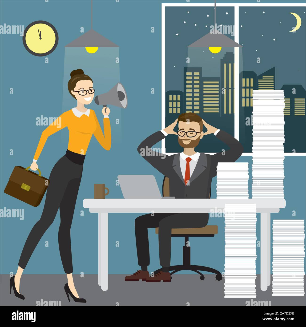 Business woman boss screams into by tired office worker man,Business stress. Flat style cartoon illustration Stock Vector Image & Art - Alamy