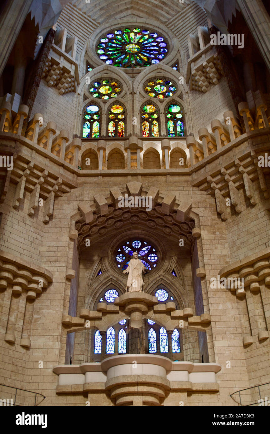 The stained glass windows inside of La Sagrada Familia in Barcelona