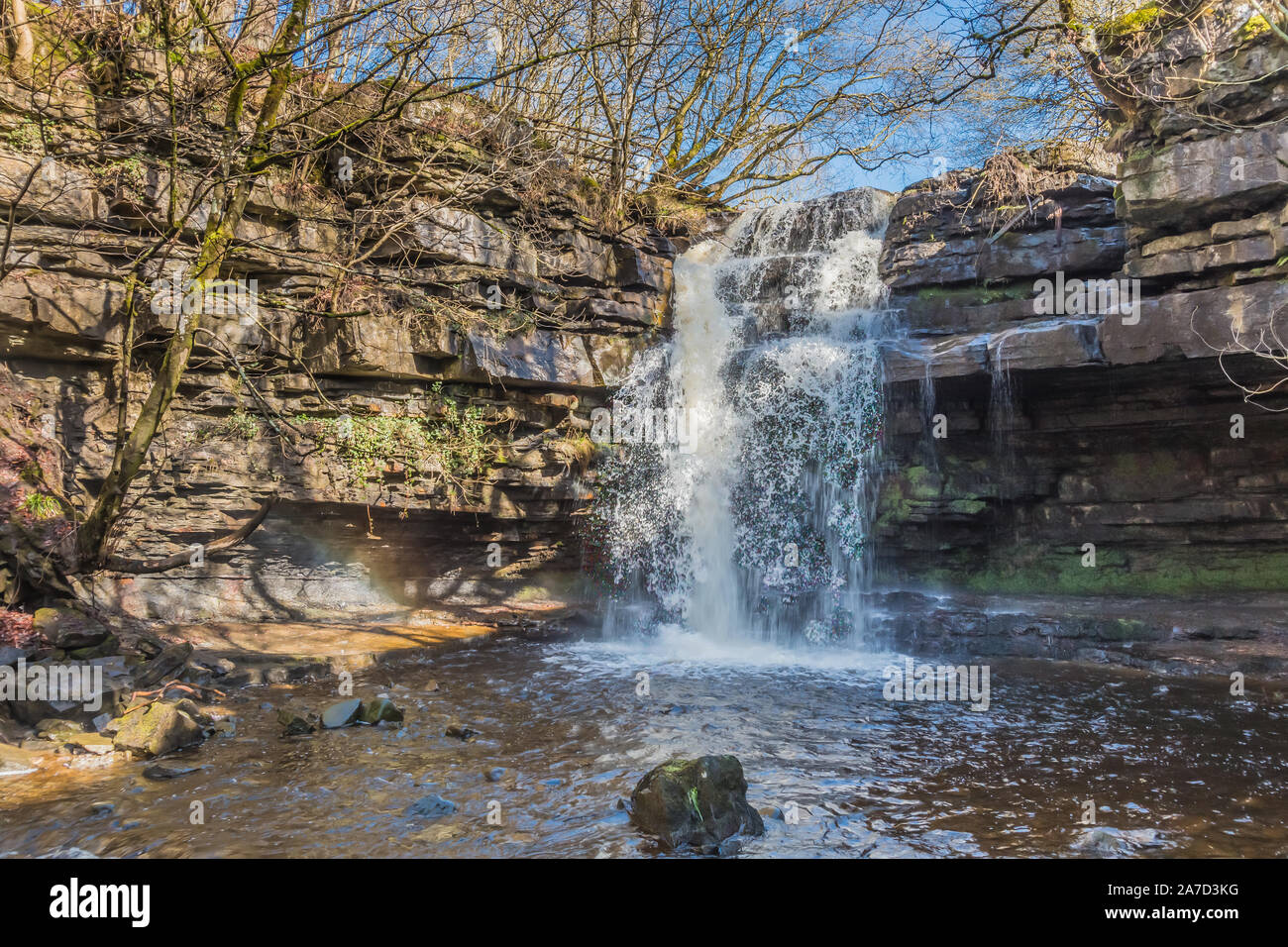 Summerhill Force Waterfall & Gibson's Cave, Bowlees, Teesdale, UK in early spring Stock Photo