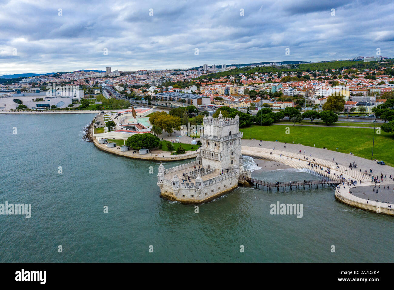 Amazing view over Belem Tower in Lisbon Portugal - aerial drone footage  Stock Photo - Alamy