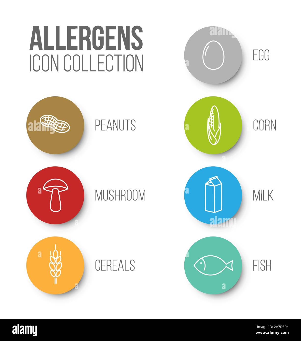 Vector icons set for allergens (milk, fish, egg, gluten, wheat, nut