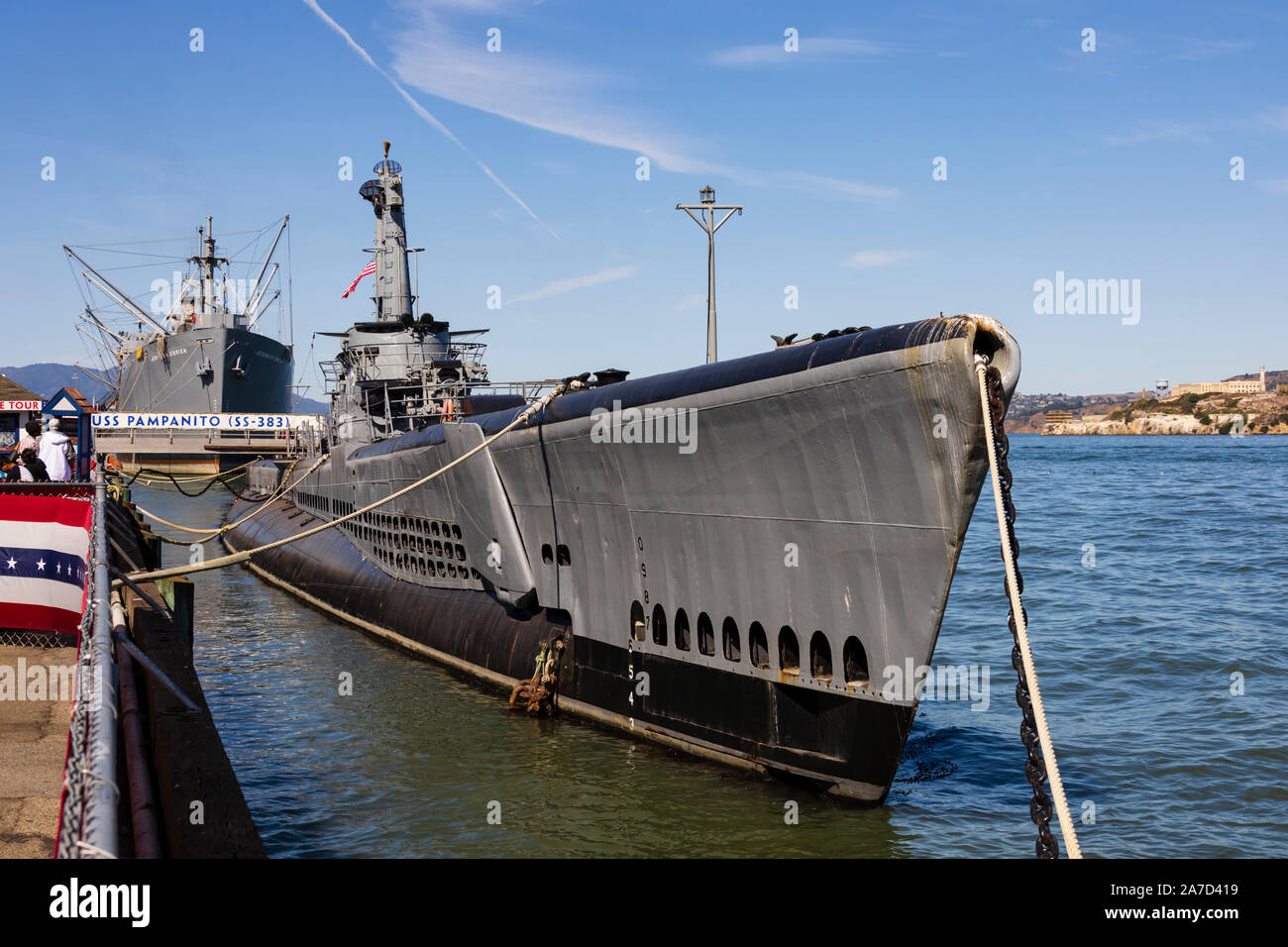 USN WW2 submarine, USS Pampanito, docked at pier 45, San Francisco, California United States of America Stock Photo