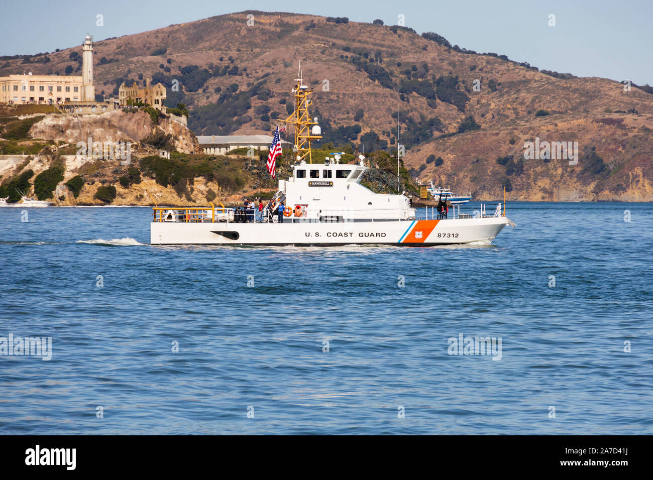 United States Coast Guard patrol boat, USCGC Hawksbill, sails past Alcartraz Island, San Francisco, California United States of America Stock Photo