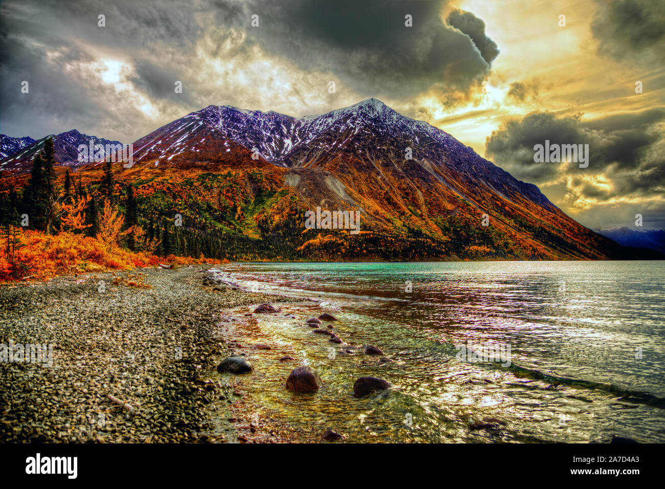 HDR image of Kathleen Lake in autumn, located in the Yukon Territory, Canada. Stock Photo