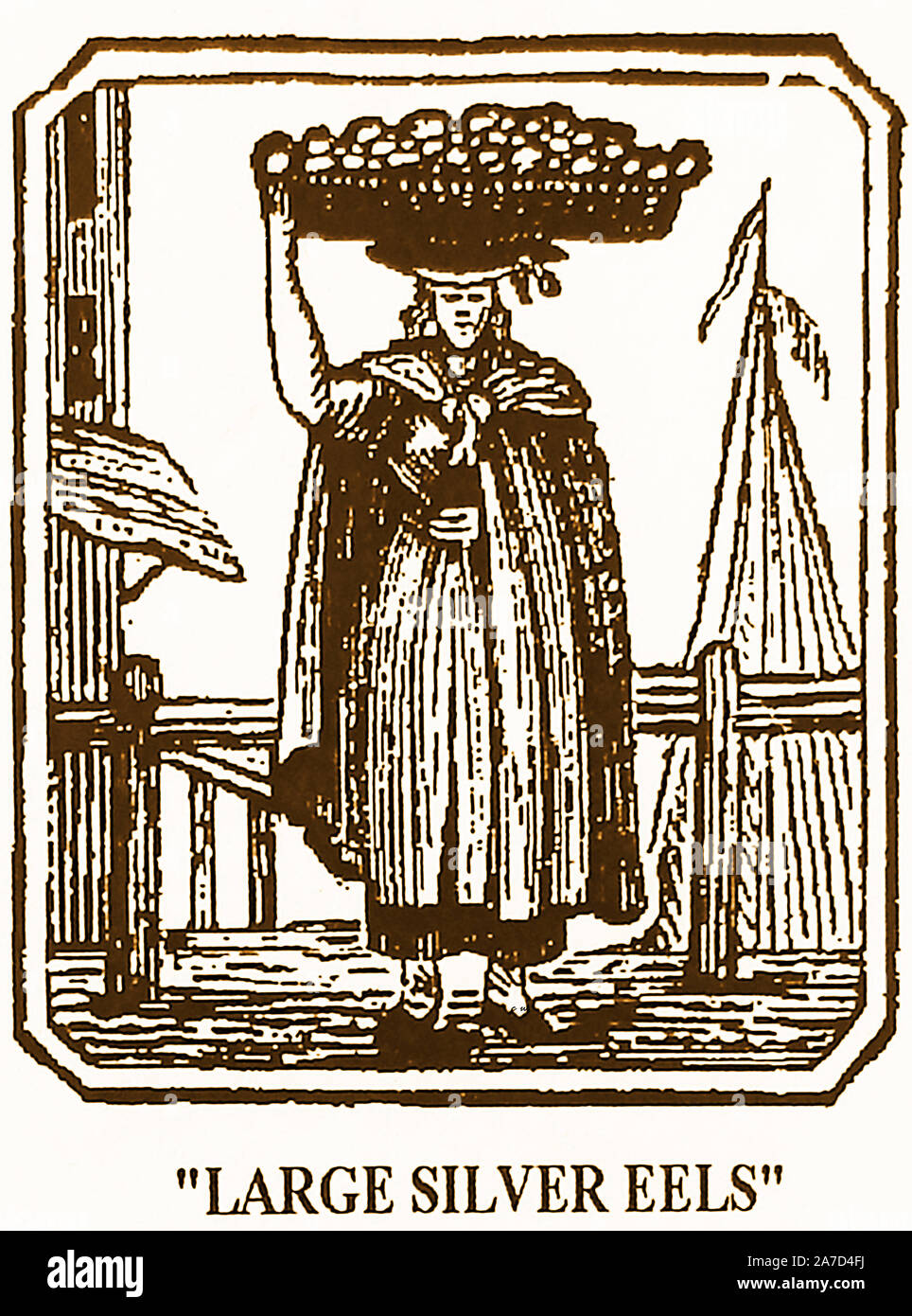 18th Century woodcuts featuring street sellers,entertainers and  'criers' - An eel catcher and seller. Many rivers,especially around London were lined with basketwork eel traps. Stock Photo