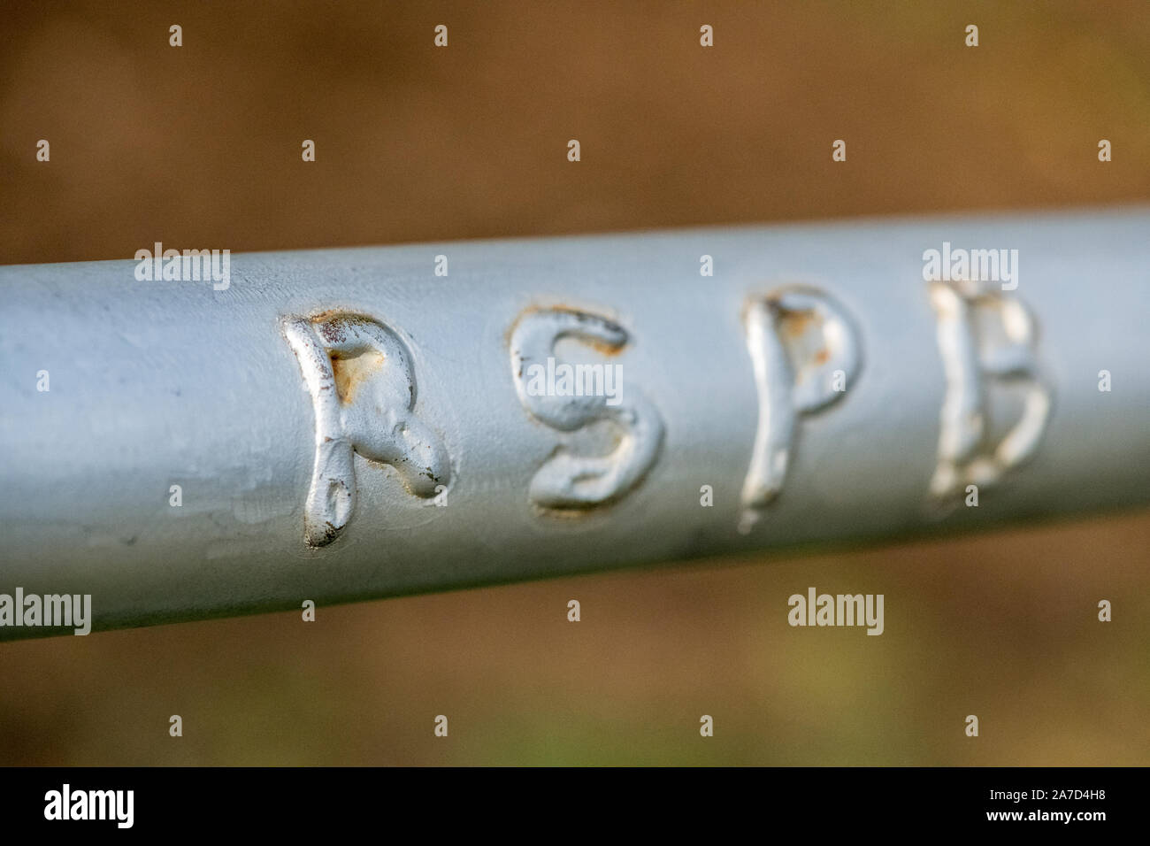 R.S.P.B. letters welded onto a metal gate. Stock Photo
