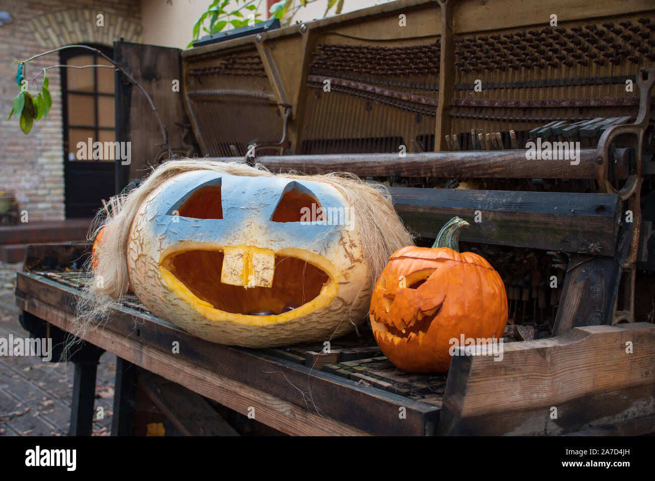Spooky funny Halloween pumpkins, Jack O Lantern on an old grand piano Stock Photo