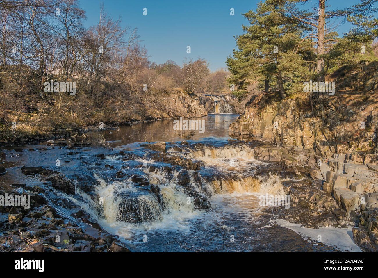Low Force waterfall on a springlike day in February with a very low River Tees, Teesdale, UK Stock Photo
