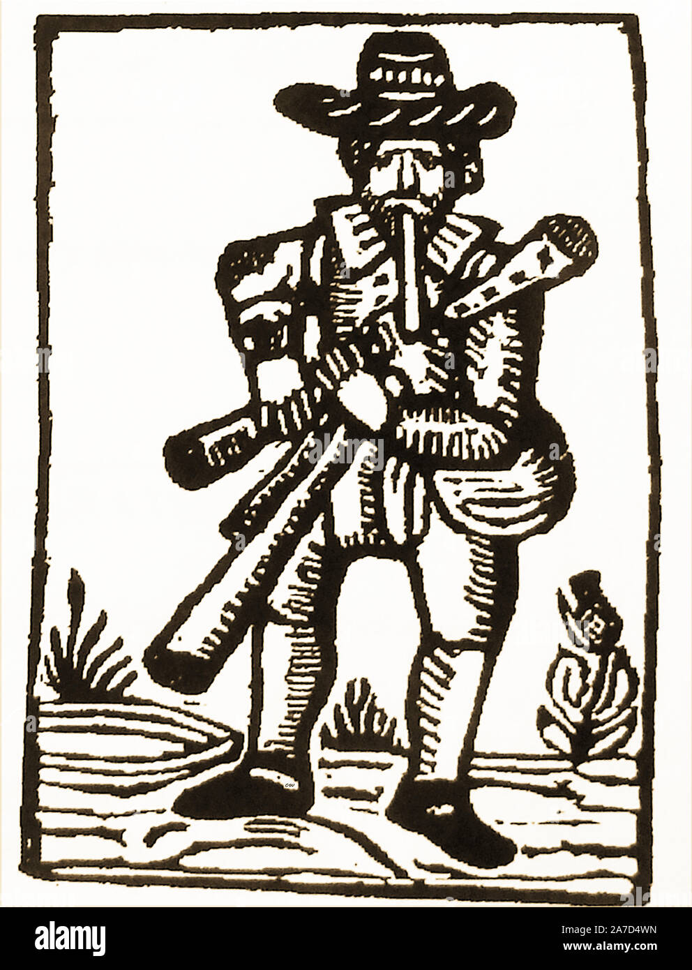 18th Century woodcuts featuring street sellers,entertainers and  'criers' - A woodcut of a  piper  using a set of bagpipes that predate the Scottish and Northumberland designs. Stock Photo