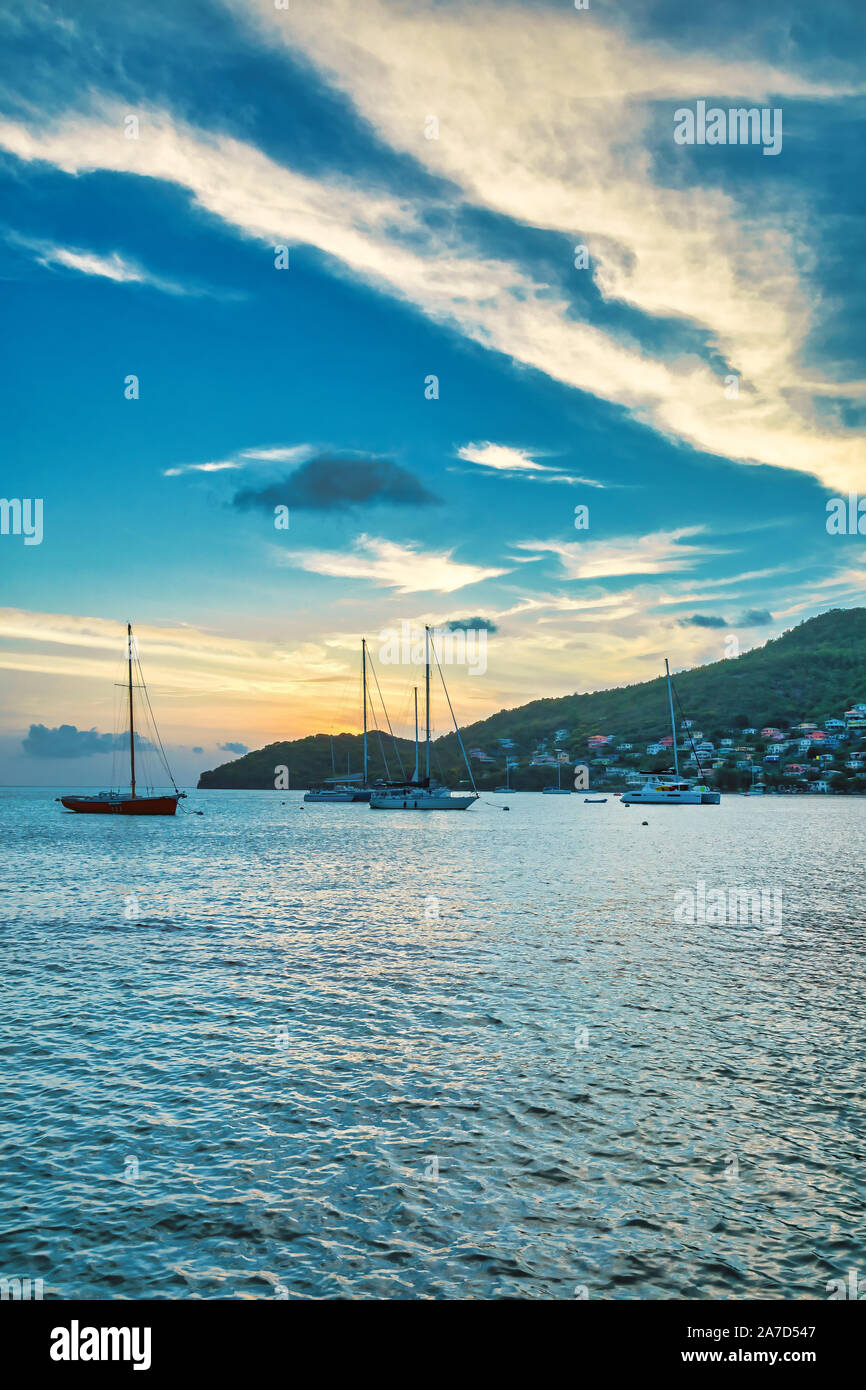 Boats docked at the Port Elizabeth harbor, St. Vincent and the Grenadines Stock Photo