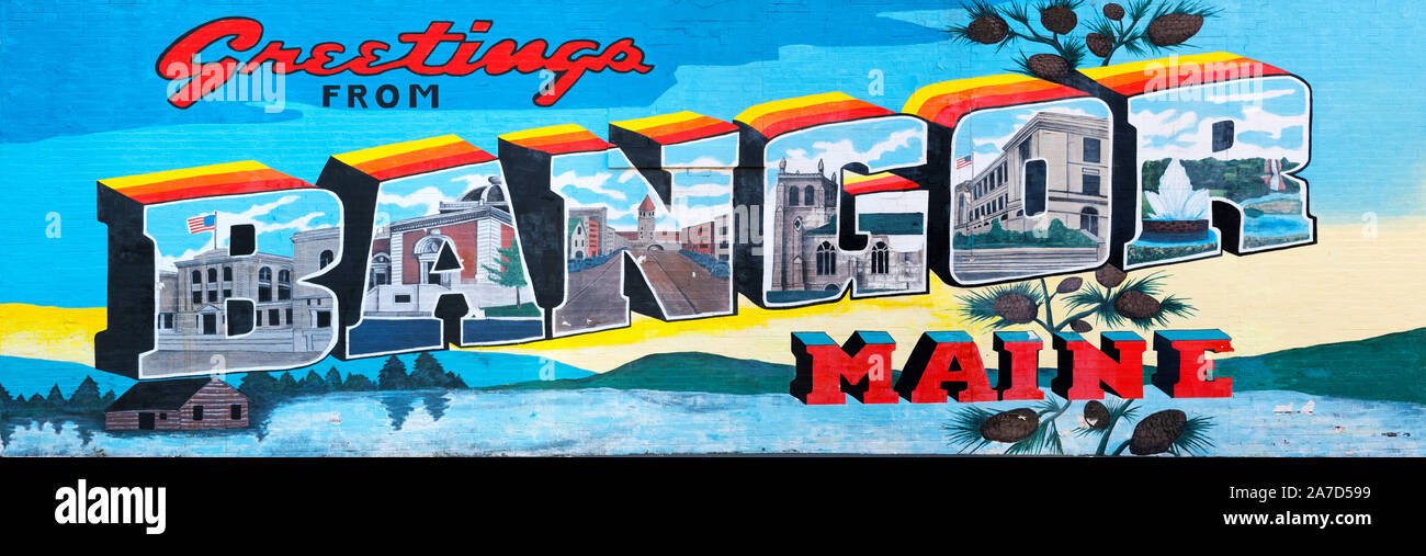 'Greetings from Bangor Maine' sign in downtown Bangor, Maine, USA. Stock Photo
