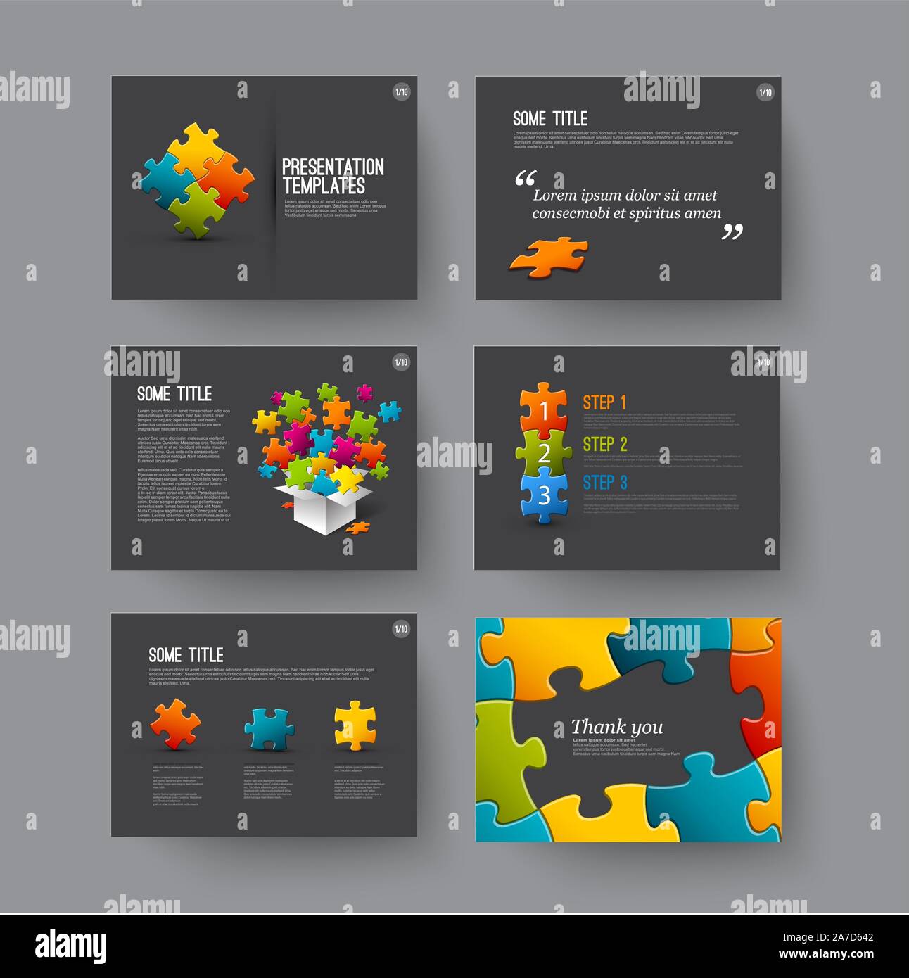 Vector Template for presentation slides with puzzle pieces and colorful elements - dark version Stock Vector