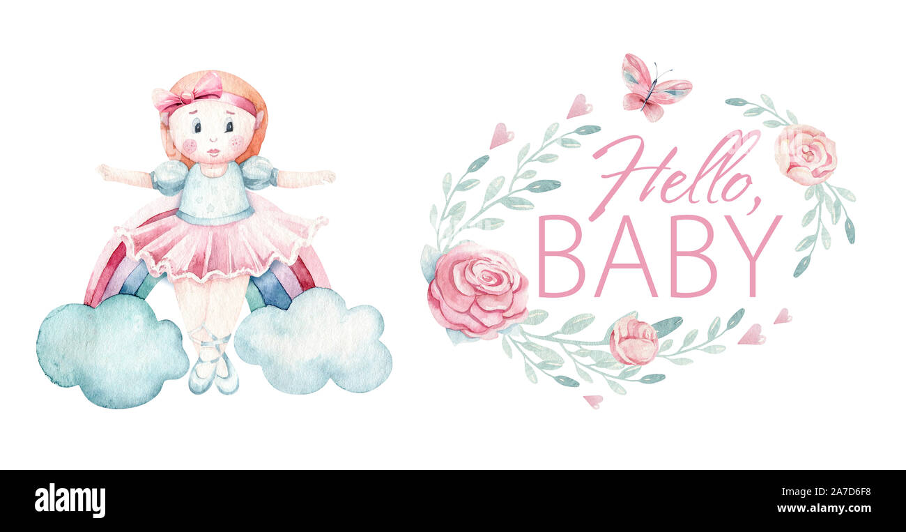Baby shower watercolor girl design elements. Set of baby pink birthday ...