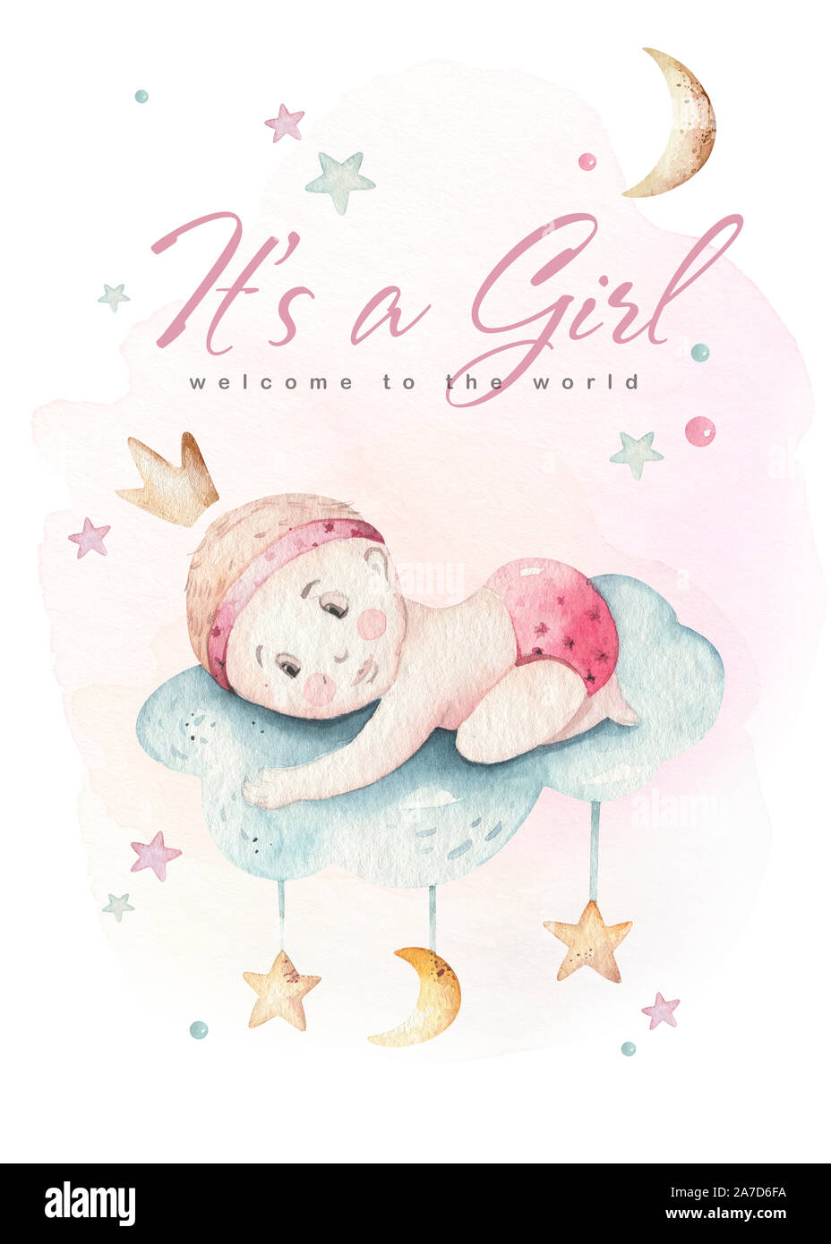 Baby shower watercolor girl design elements. Set of baby pink birthday ...