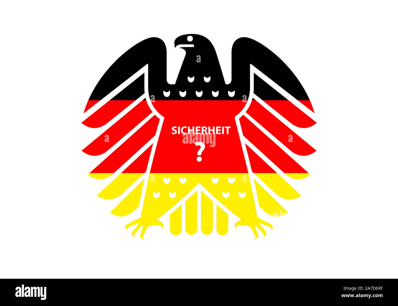 Neuer Bundesadler in den Farben schwarz-rot-gold, Wappentier der Bundesrepublik Deutschland, Inschrift: Sicherheit ? Stock Photo