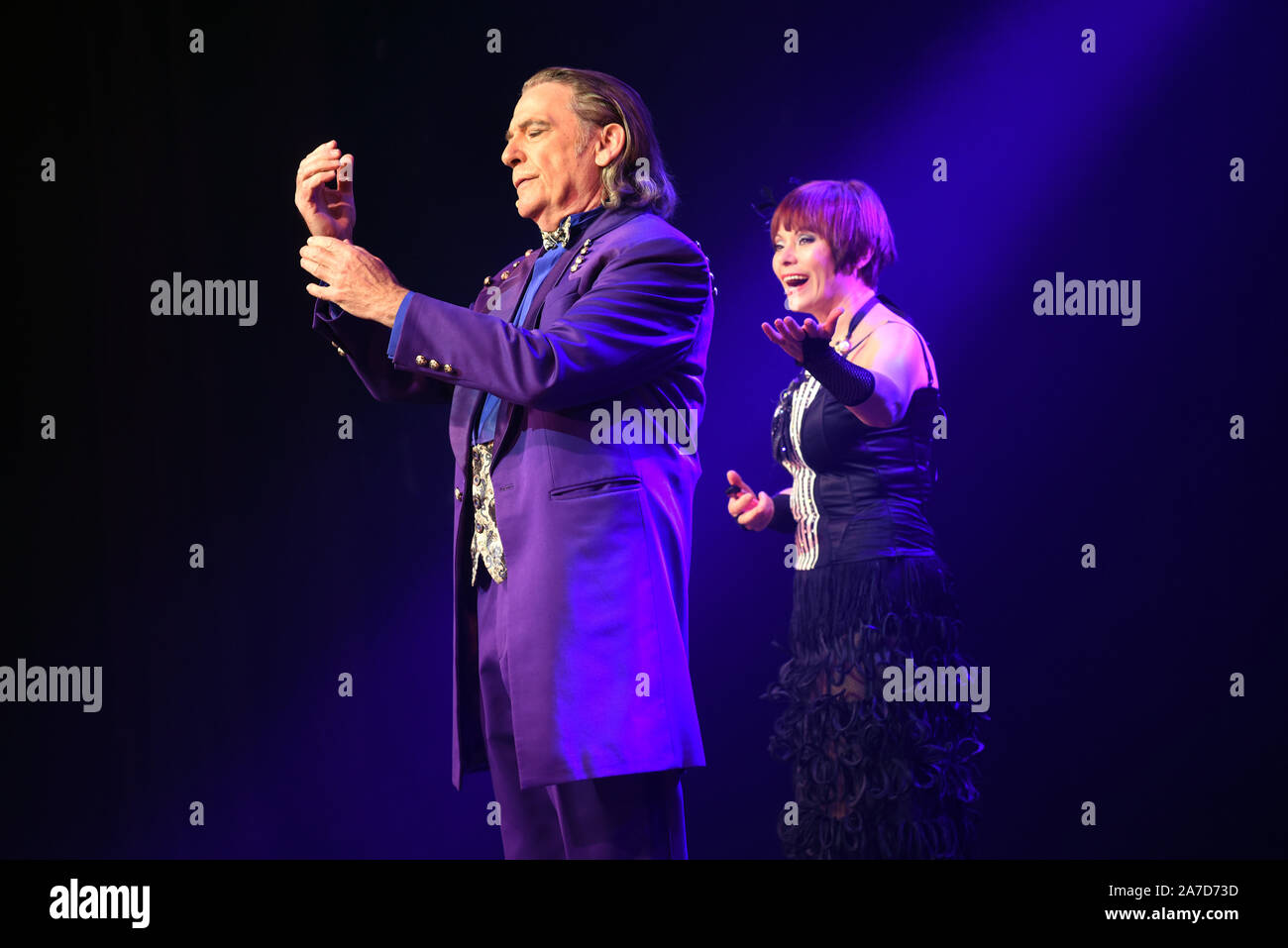 Duesseldorf, Germany. 31st Oct, 2019. At the premiere of the new Apollo Varieté programme 'Magic Hotel', 'Sonny&Galina' (magicians and comedians) will pose on stage at the 'Apollo Varieté' in Düsseldorf until 12 January 2020. Credit: Horst Ossinger//dpa/Alamy Live News Stock Photo